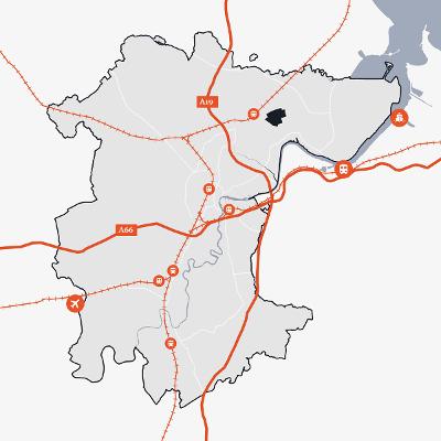 Map of Stockton-on-Tees showing the location of Belasis Business Park in relation to the main transport links.
